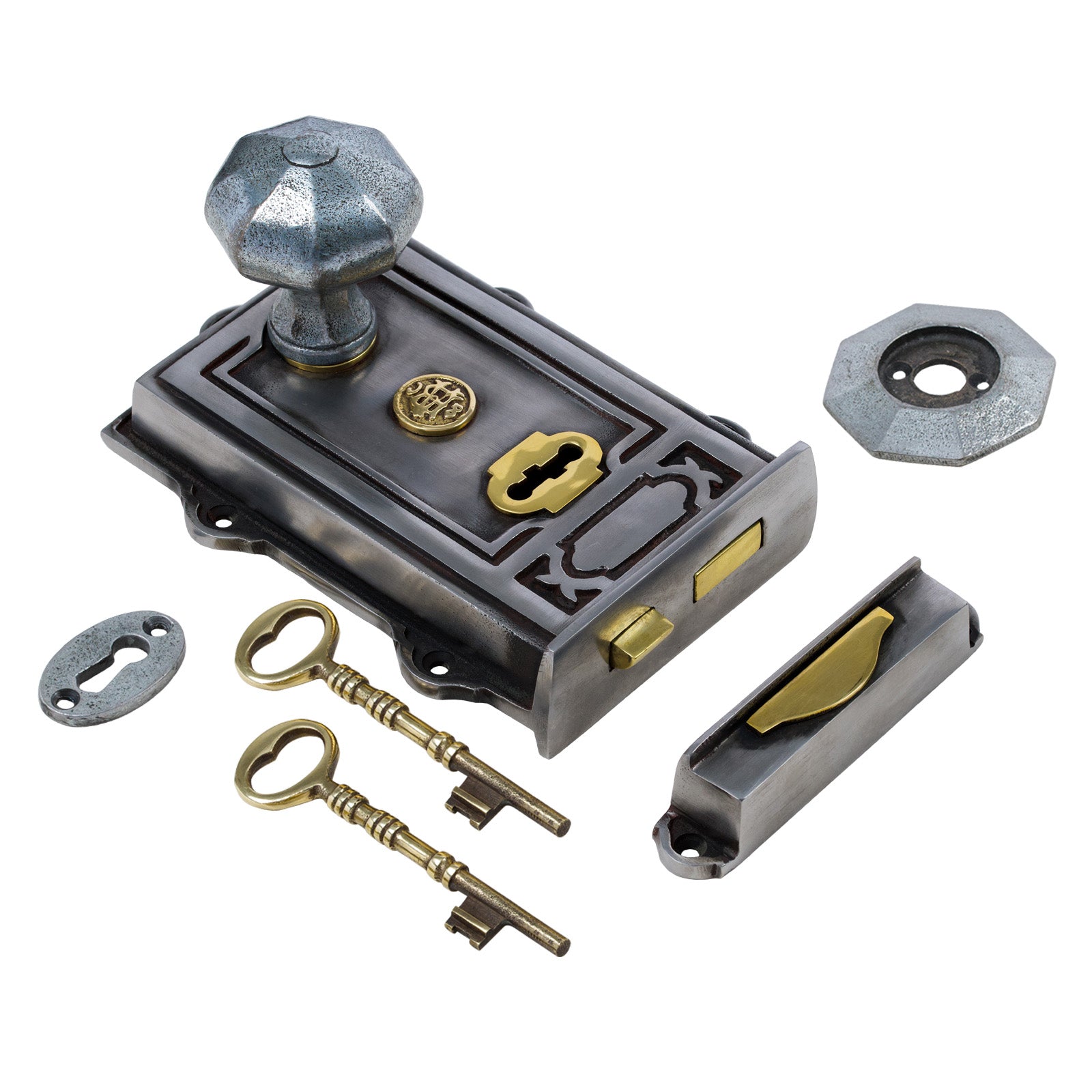 SHOW Image of Ornate Iron Rim Lock with Pewter Octagonal Door Knob Set