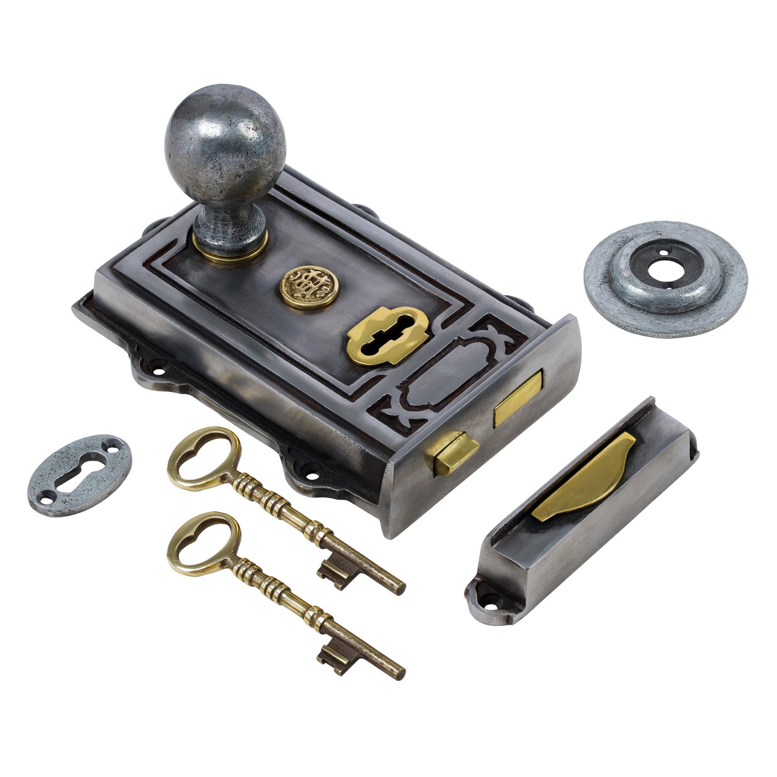 SHOW Image of Ornate Iron Rim Lock with Pewter Round Door Knob Set