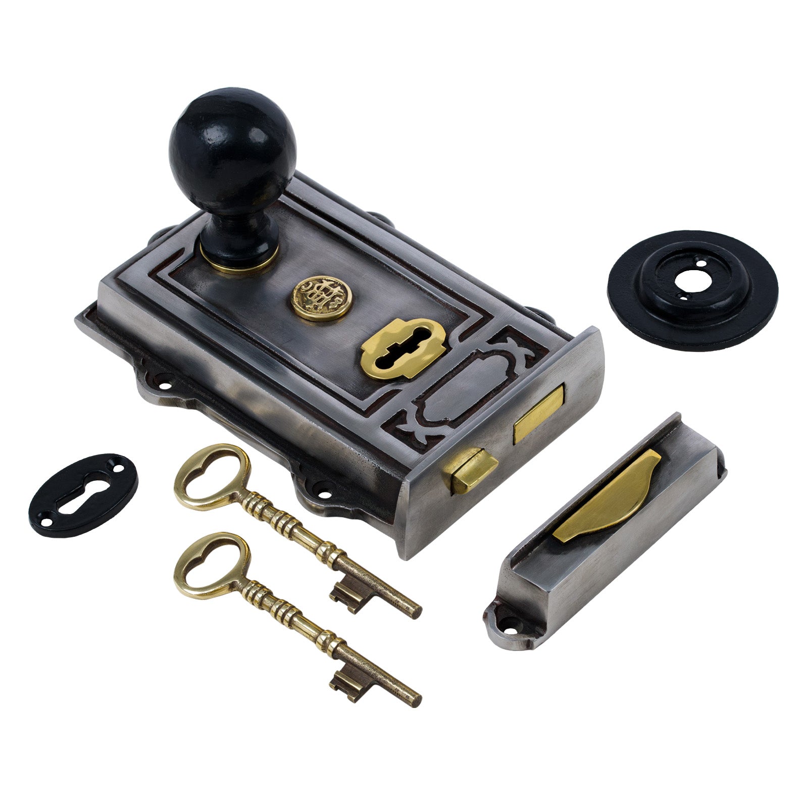 SHOW Image of Ornate Iron Rim Lock with Black Round Door Knob Set