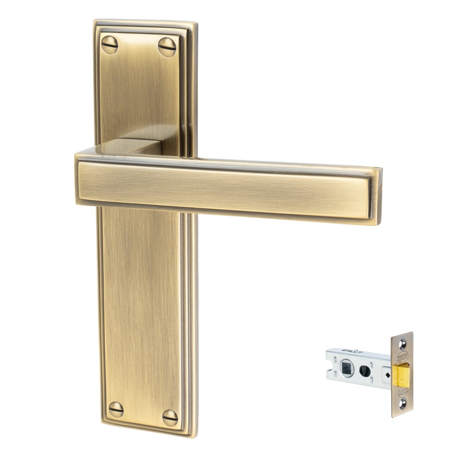 Atlantis Door Handles On Plate Latch Handle Set in Aged Brass