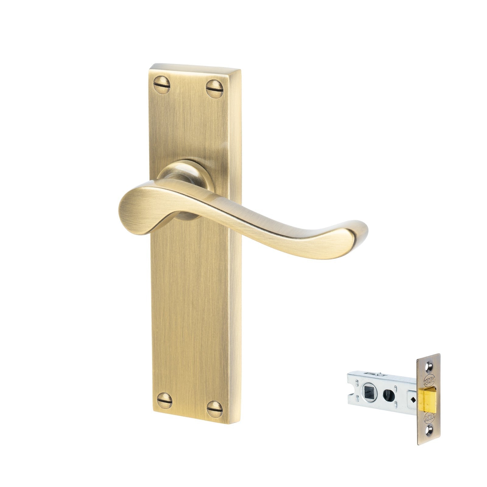Bedford Door Handles On Plate Latch Handle Set in Aged Brass
