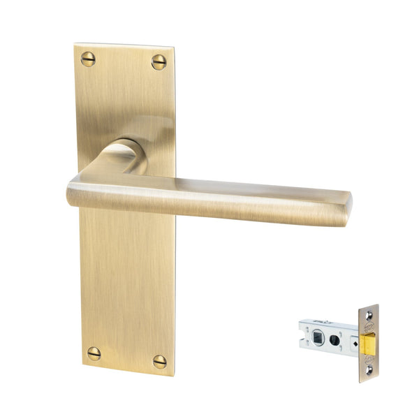 Trident Door Handles On Plate Latch Handle Set in Aged Brass