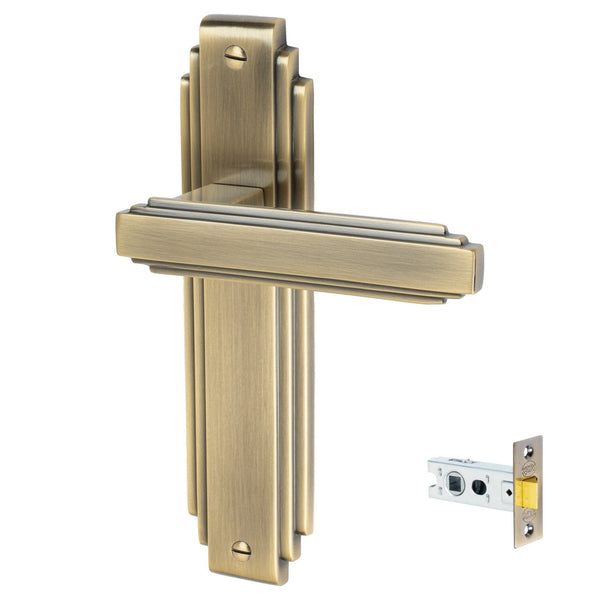 Astoria Door Handles On Plate Latch Handle Set in Aged Brass