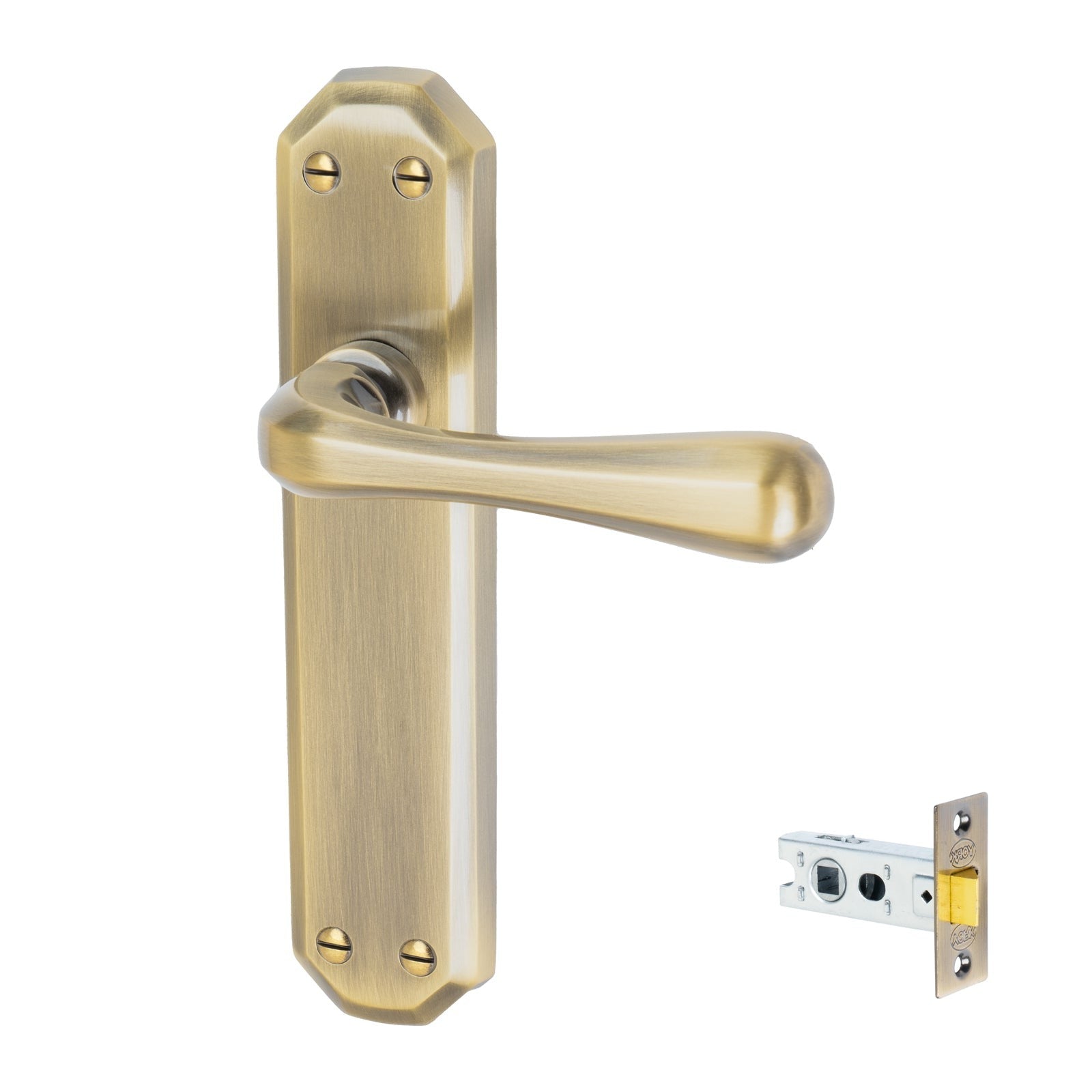 Charlbury Door Handles On Plate Latch Handle Set in Aged Brass