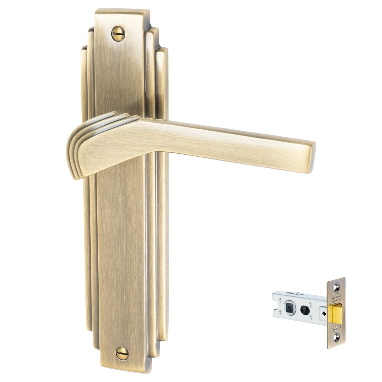Tiffany Door Handles On Plate Bathroom Handle Set in Aged Brass