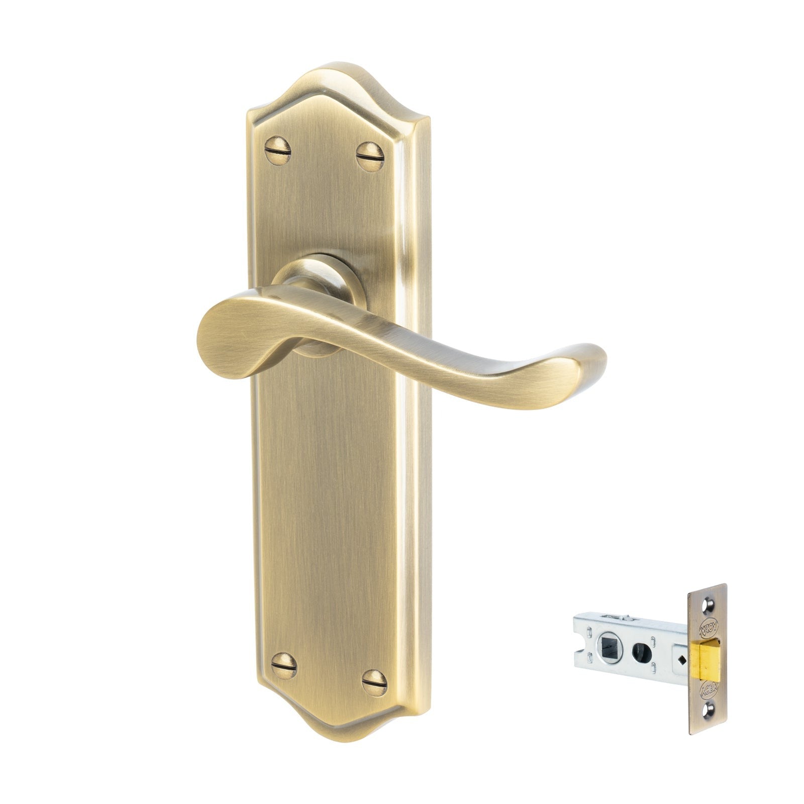 Buckingham Door Handles On Plate Latch Handle Set in Aged Brass