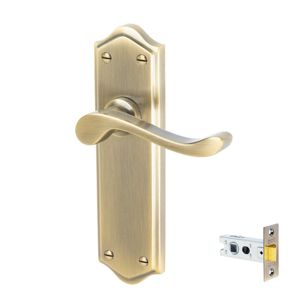 Buckingham Door Handles On Plate Latch Handle Set in Aged Brass