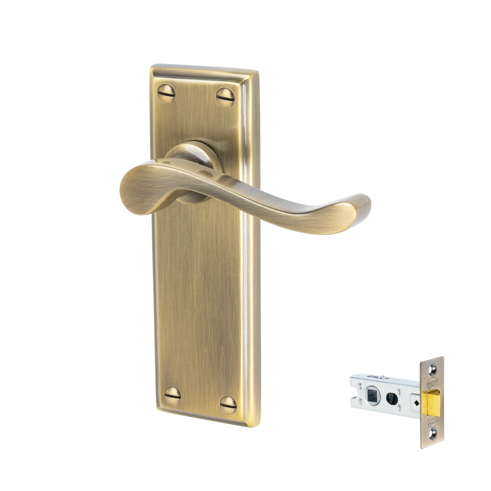 Edwardian Door Handles On Plate Latch Handle Set in Aged Brass