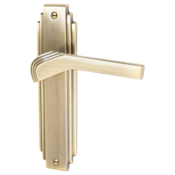 Tiffany Door Handles On Plate Latch Handle in Aged Brass 