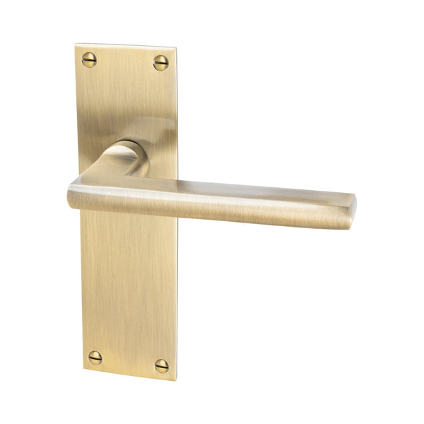 Trident Door Handles On Plate Latch Handle in Aged Brass 