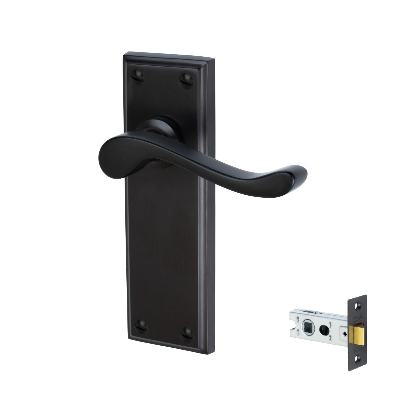 Edwardian Door Handles On Plate Latch Handle Set in Matt Bronze