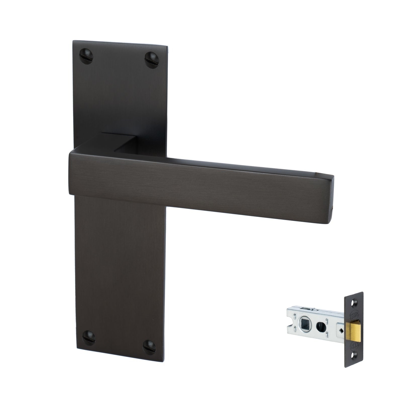 Metro Door Handles On Plate Latch Handle Set in Matt Bronze
