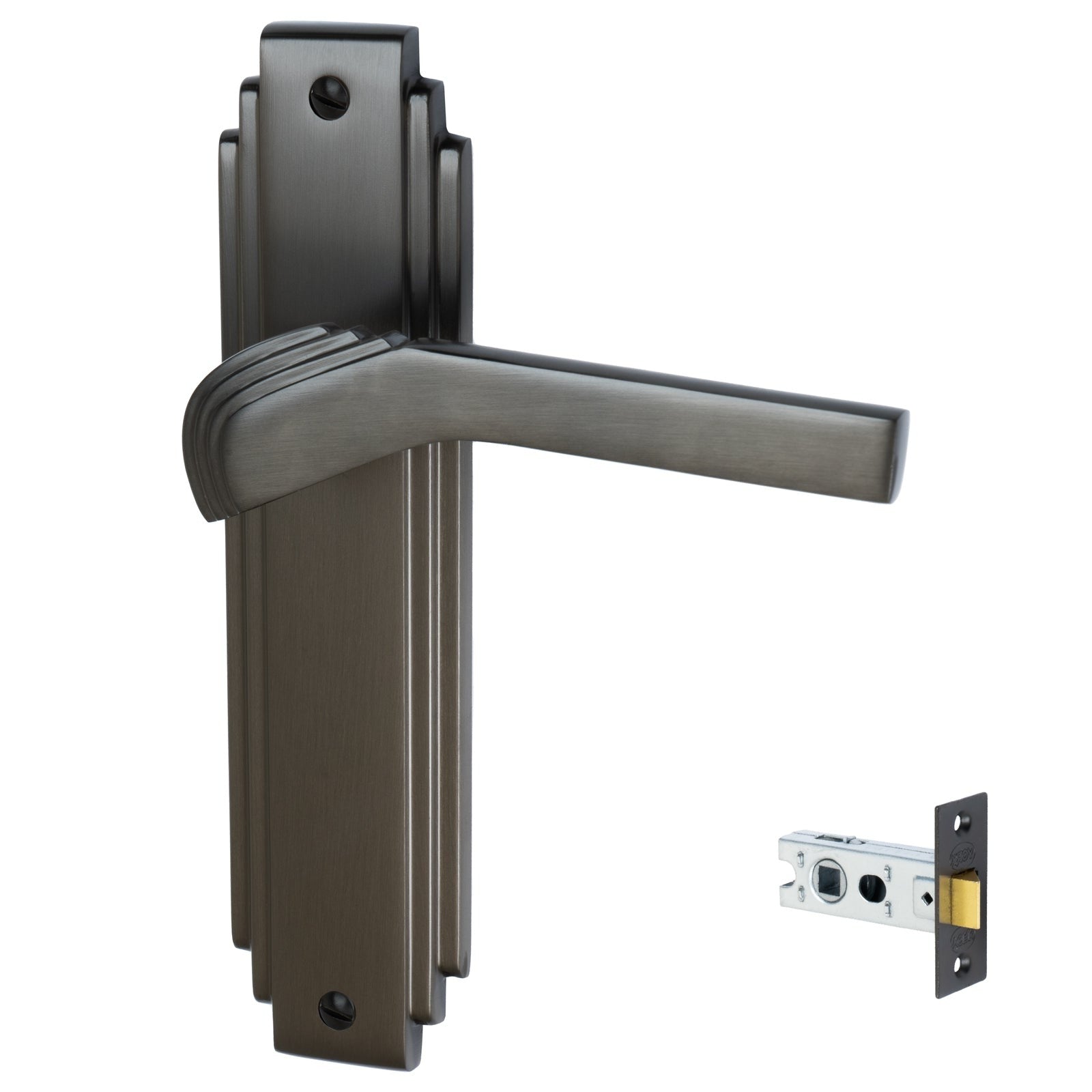 Tiffany Door Handles On Plate Latch Handle Set in Matt Bronze