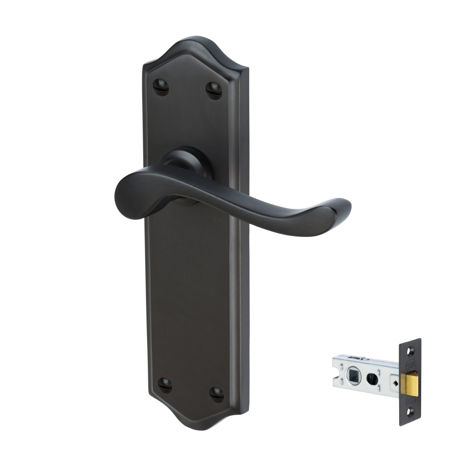 Buckingham Door Handles On Plate Latch Handle Set in Matt Bronze
