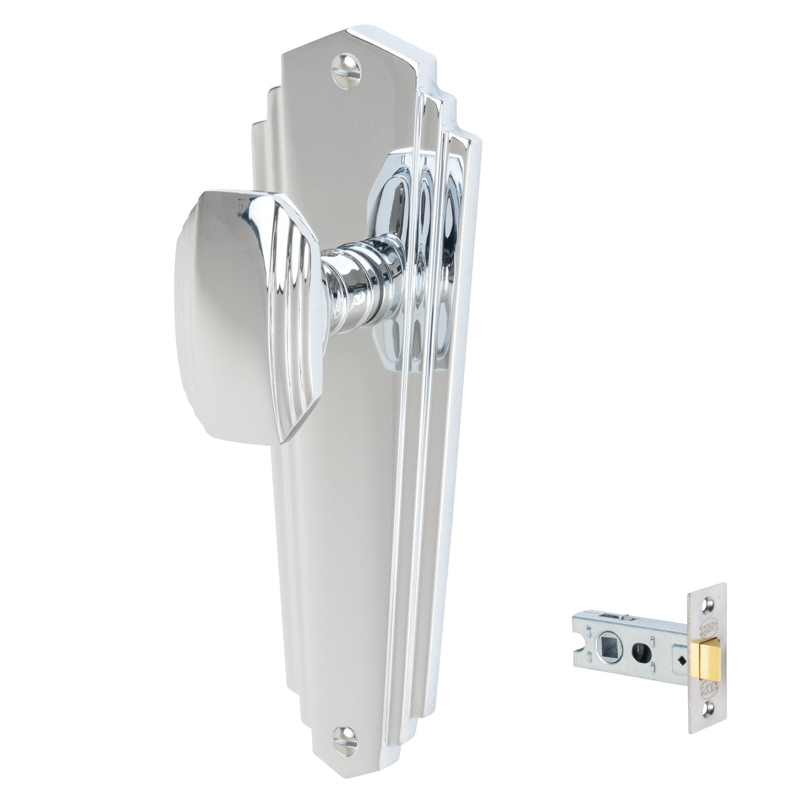 Charlston Door Handles On Plate Latch Handle Set in Polished Chrome