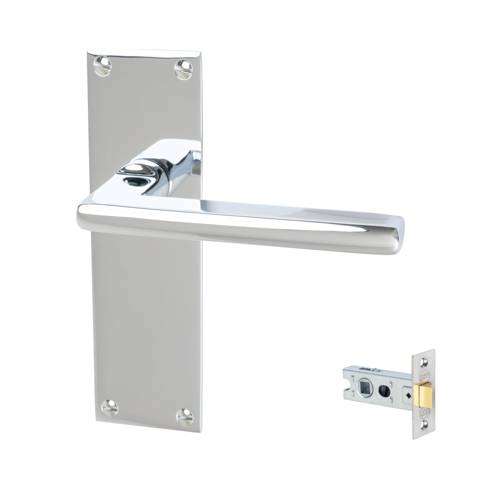 Trident Door Handles On Plate Latch Handle Set in Polished Chrome
