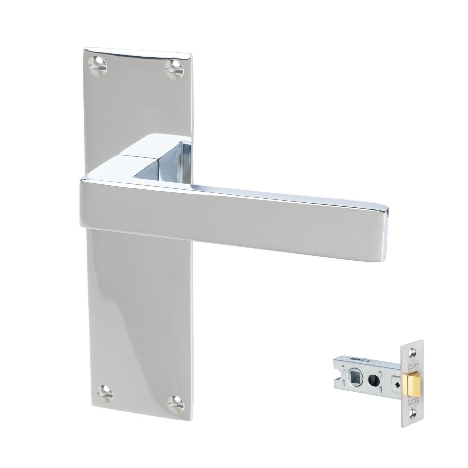 Metro Door Handles On Plate Latch Handle Set in Polished Chrome