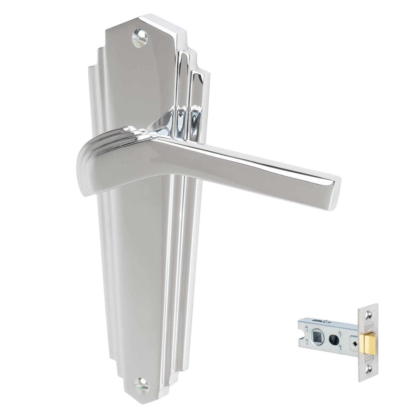 Waldorf Door Handles On Plate Latch Handle Set in Polished Chrome