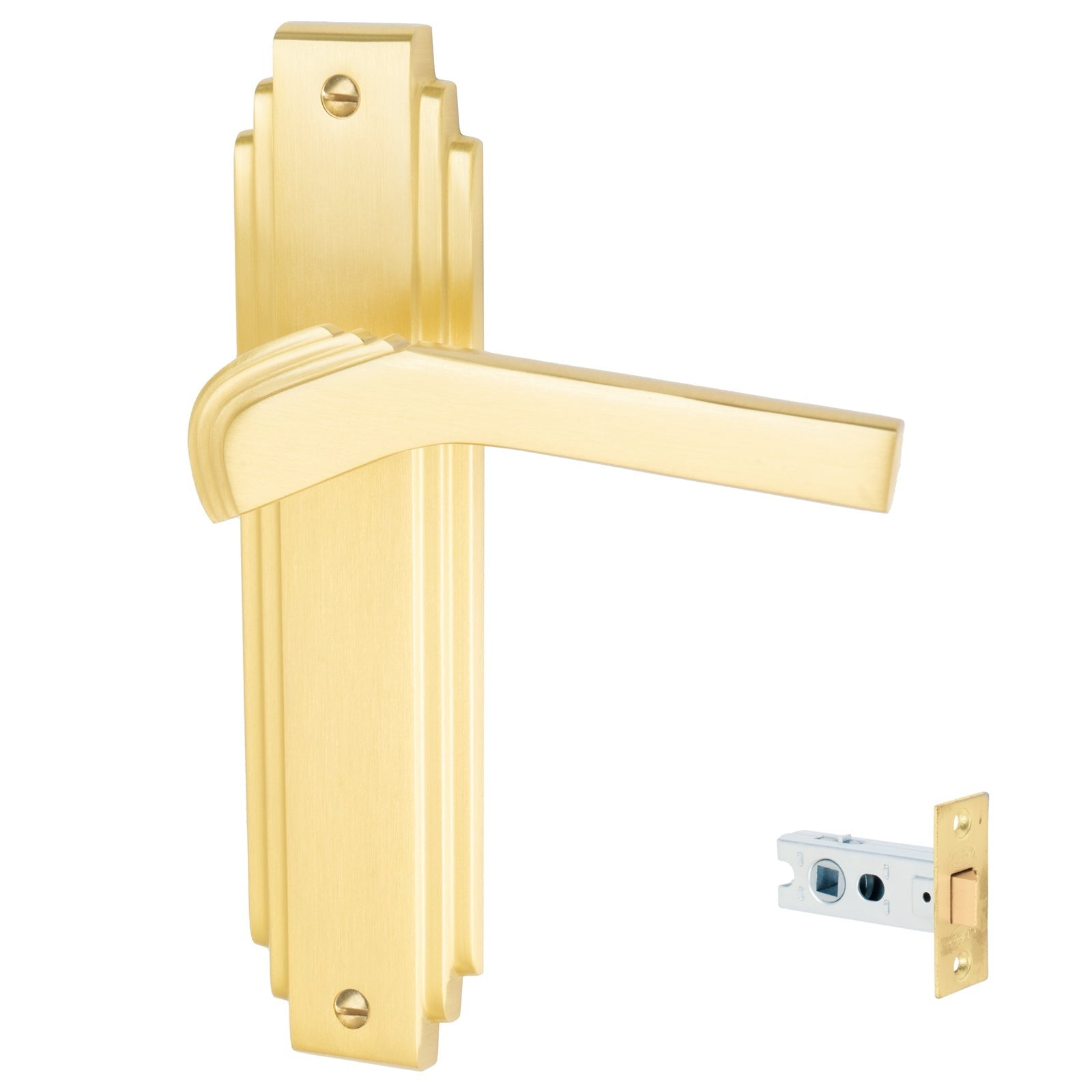 Tiffany Door Handles On Plate Latch Handle Set in Satin Brass