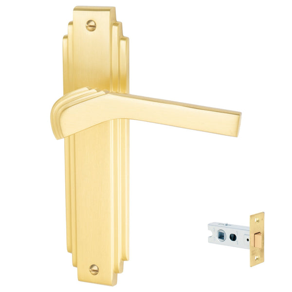 Tiffany Door Handles On Plate Latch Handle Set in Satin Brass
