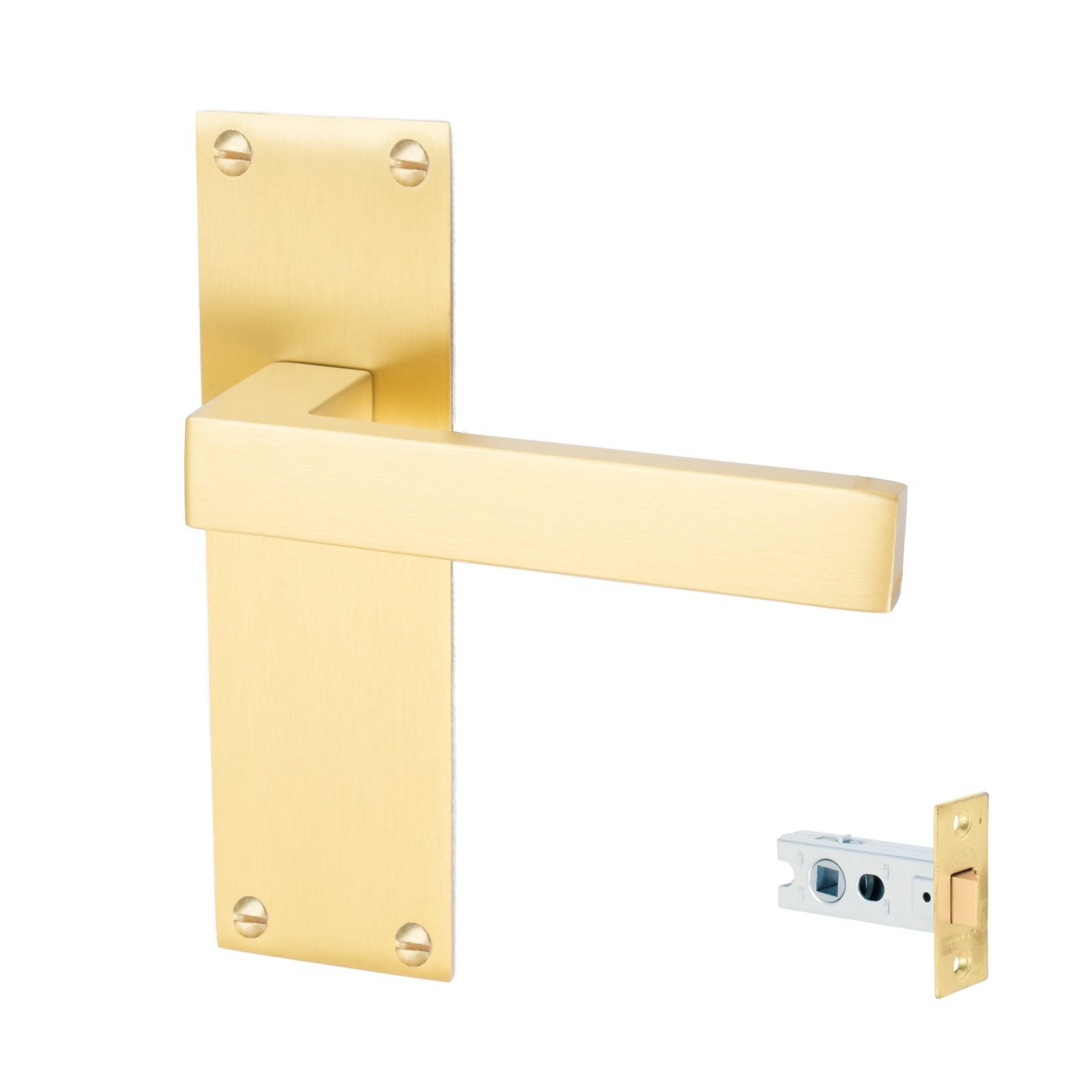 Metro Door Handles On Plate Latch Handle Set in Satin Brass