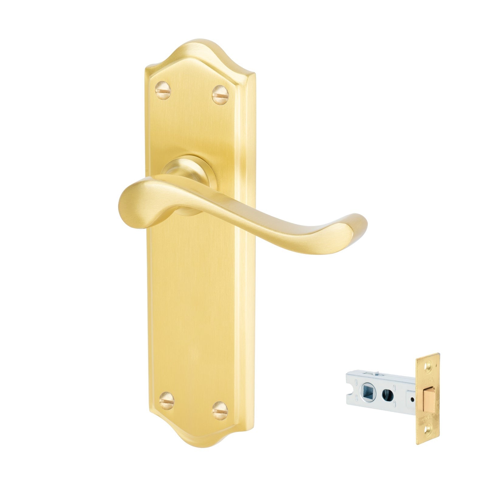 Buckingham Door Handles On Plate Latch Handle Set in Satin Brass