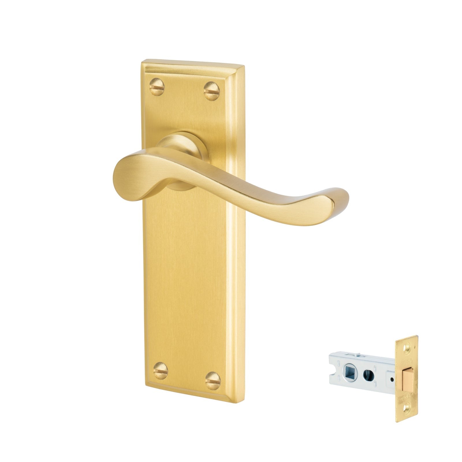 Edwardian Door Handles On Plate Latch Handle Set in Satin Brass