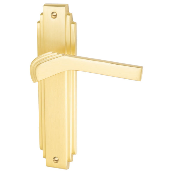 Tiffany Door Handles On Plate Latch Handle in Satin Brass 