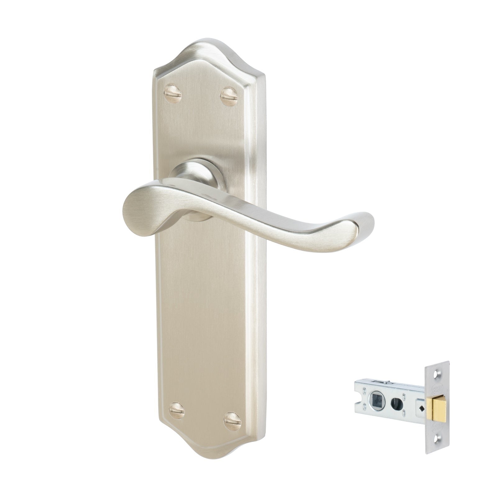 Buckingham Door Handles On Plate Latch Handle Set in Satin Nickel