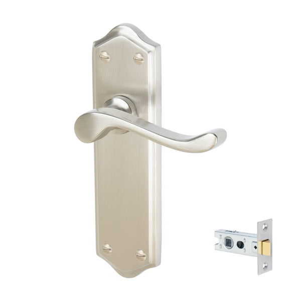 Buckingham Door Handles On Plate Latch Handle Set in Satin Nickel
