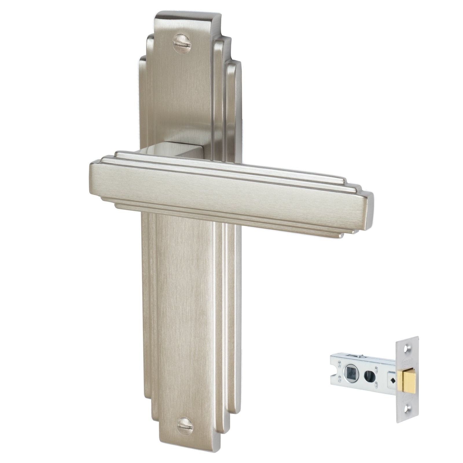 Astoria Door Handles On Plate Latch Handle Set in Satin Nickel