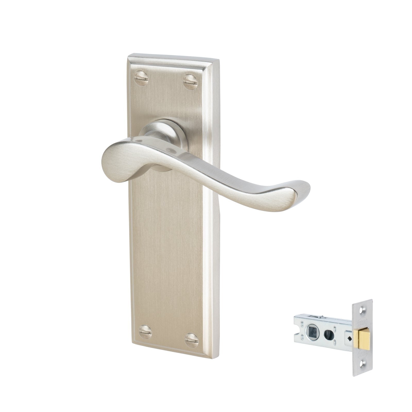 Edwardian Door Handles On Plate Latch Handle Set in Satin Nickel