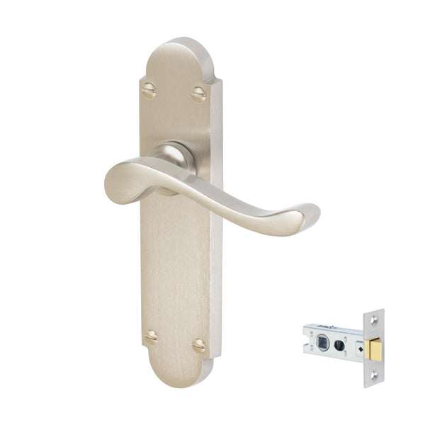 Savoy Door Handles On Plate Latch Handle Set in Satin Nickel