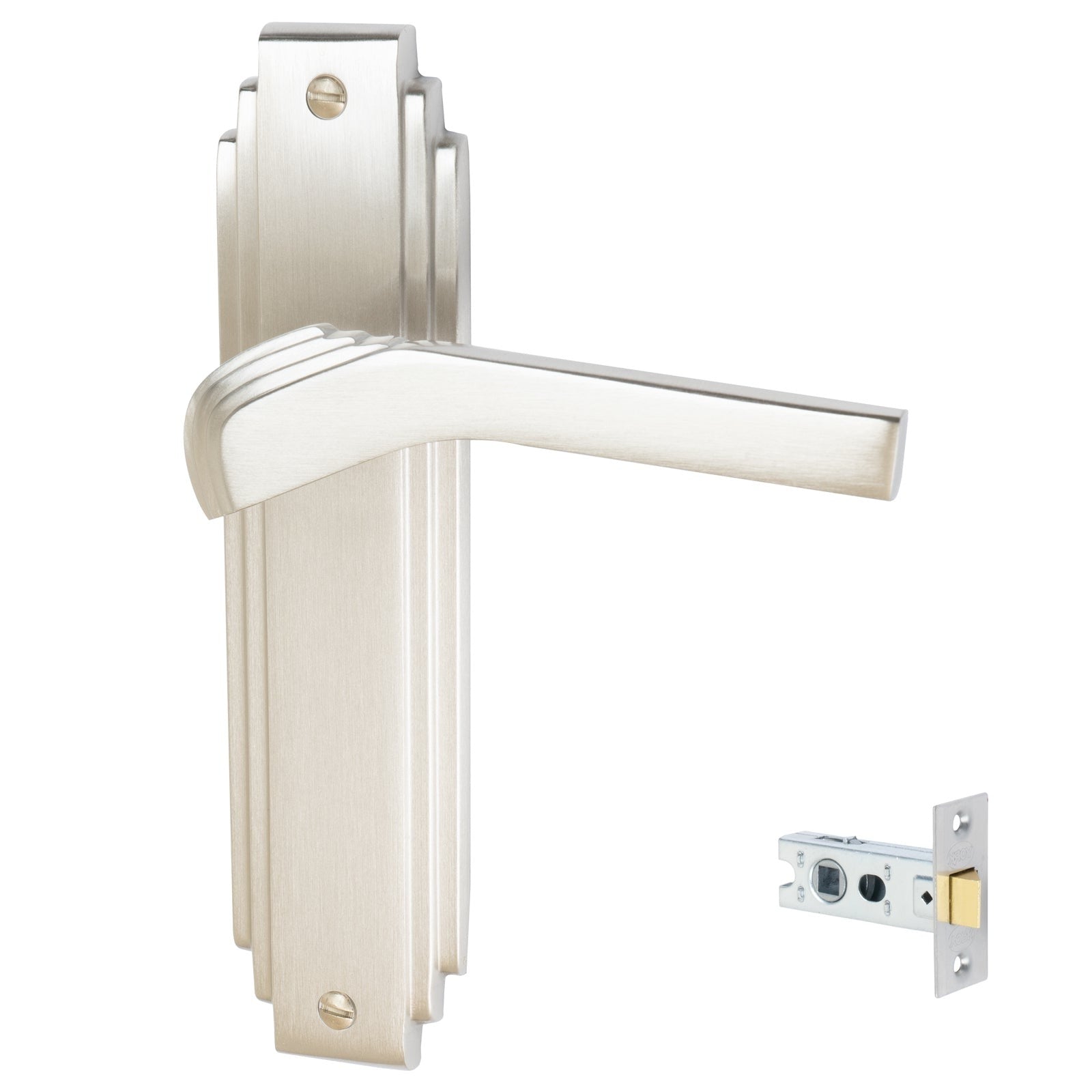 Tiffany Door Handles On Plate Latch Handle Set in Satin Nickel