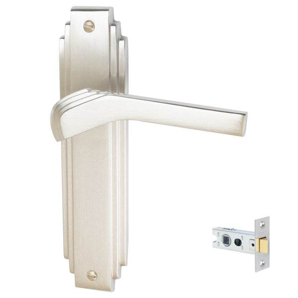 Tiffany Door Handles On Plate Latch Handle Set in Satin Nickel