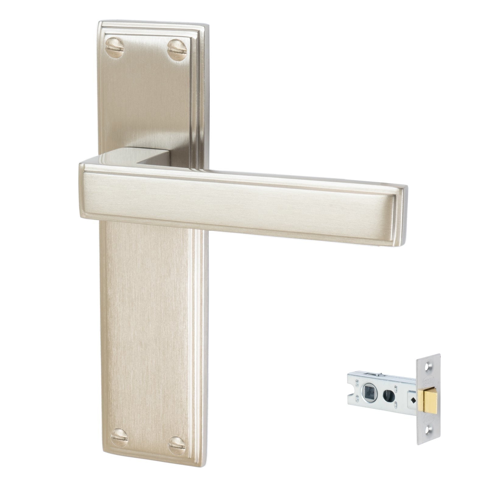 Atlantis Door Handles On Plate Latch Handle Set in Satin Nickel