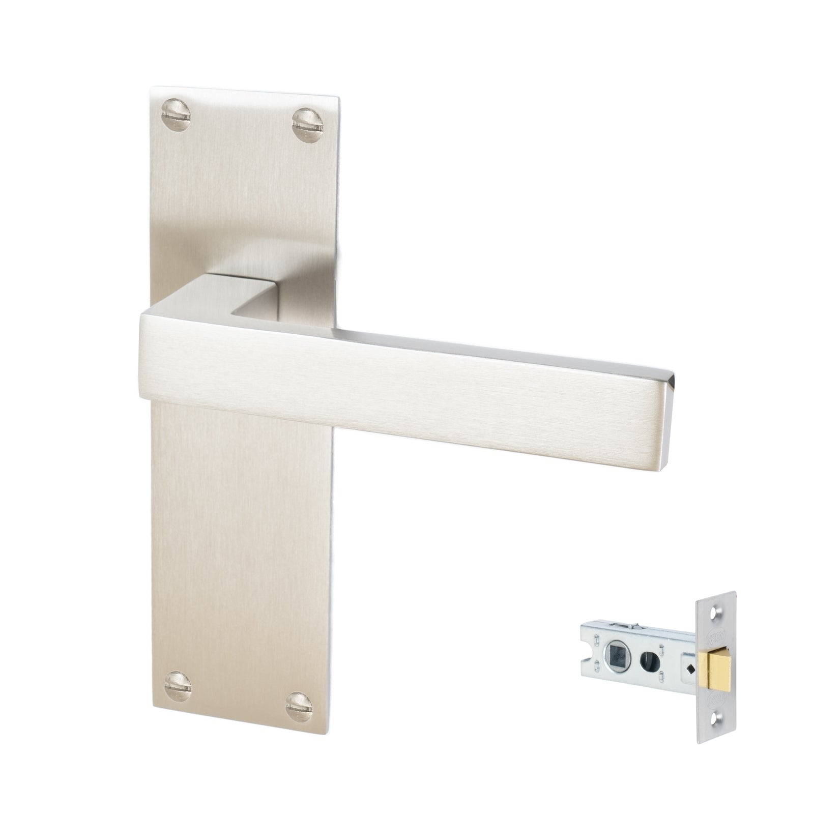 Metro Door Handles On Plate Latch Handle Set in Satin Nickel