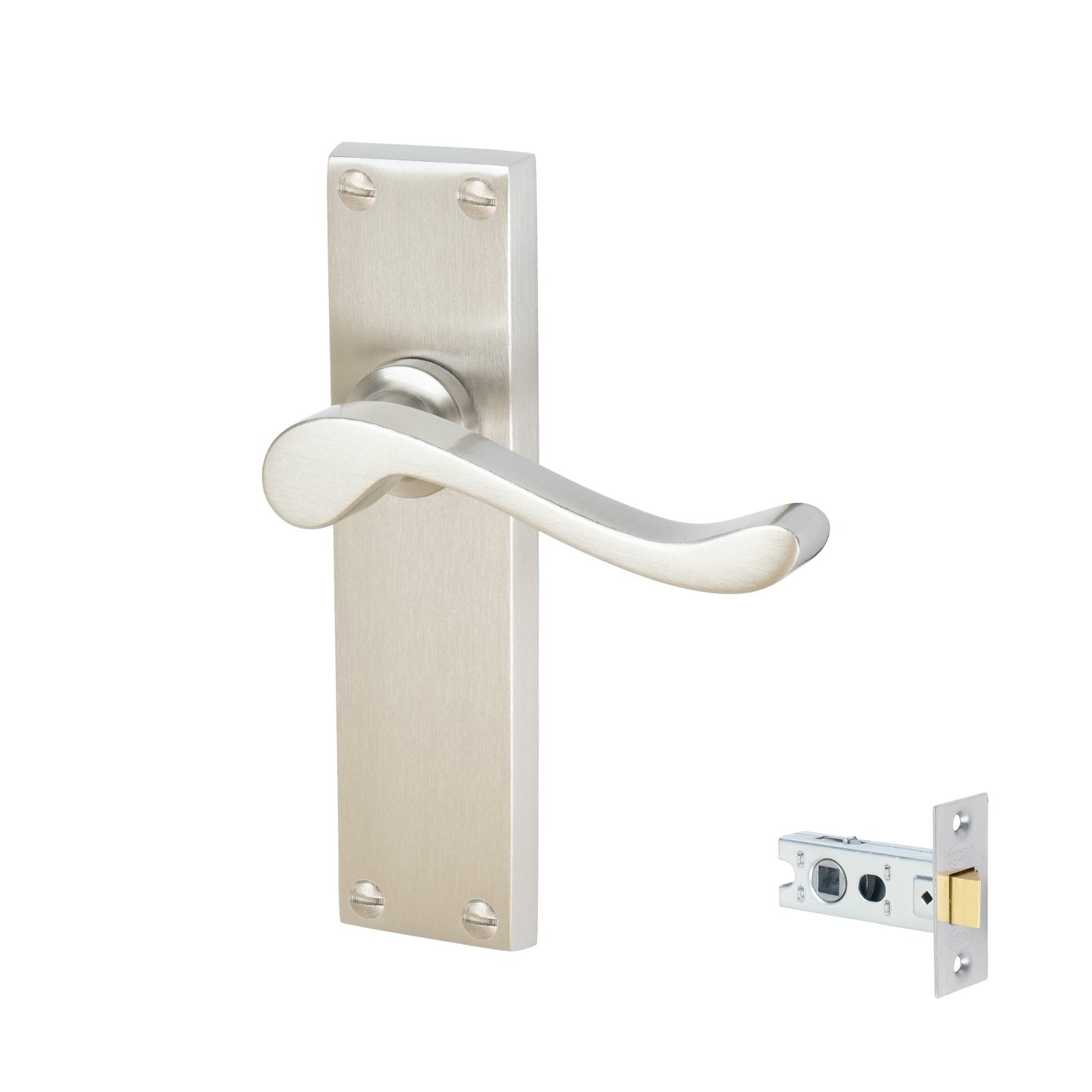 Bedford Door Handles On Plate Latch Handle Set in Satin Nickel
