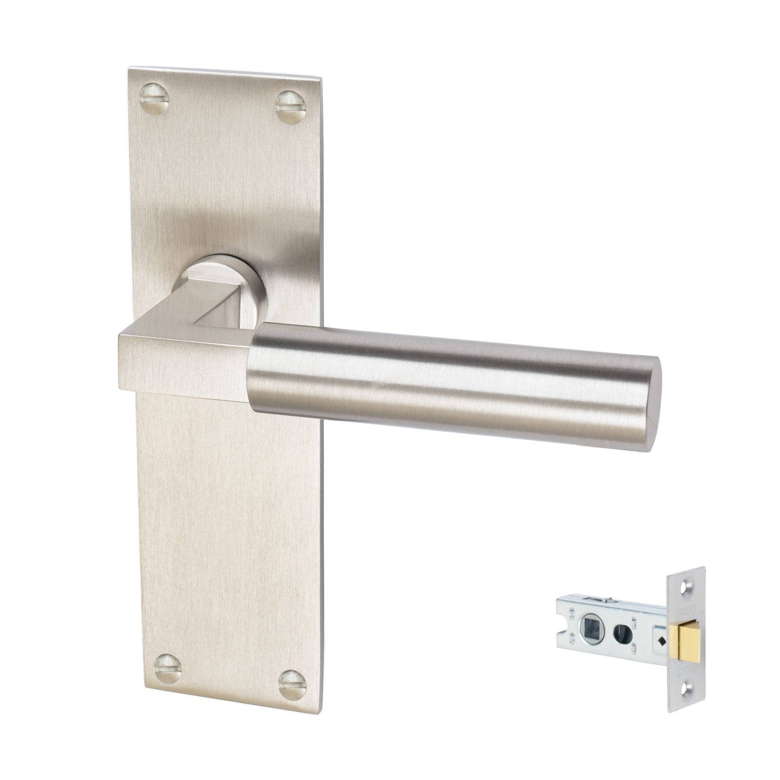 Bauhaus Door Handles On Plate Latch Handle Set in Satin Nickel