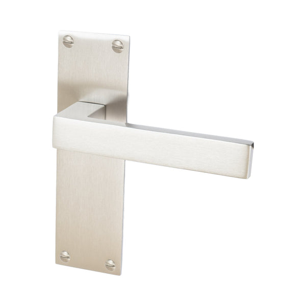 Metro Door Handles On Plate Latch Handle in Satin Nickel 