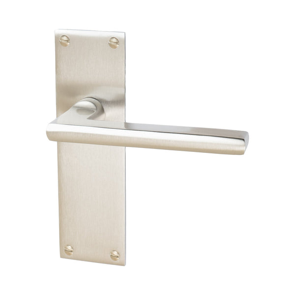 Trident Door Handles On Plate Latch Handle in Satin Nickel 
