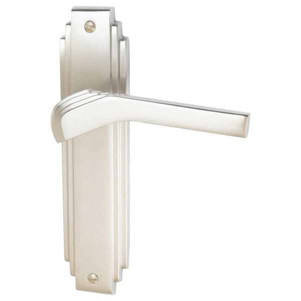 Tiffany Door Handles On Plate Latch Handle in Satin Nickel 