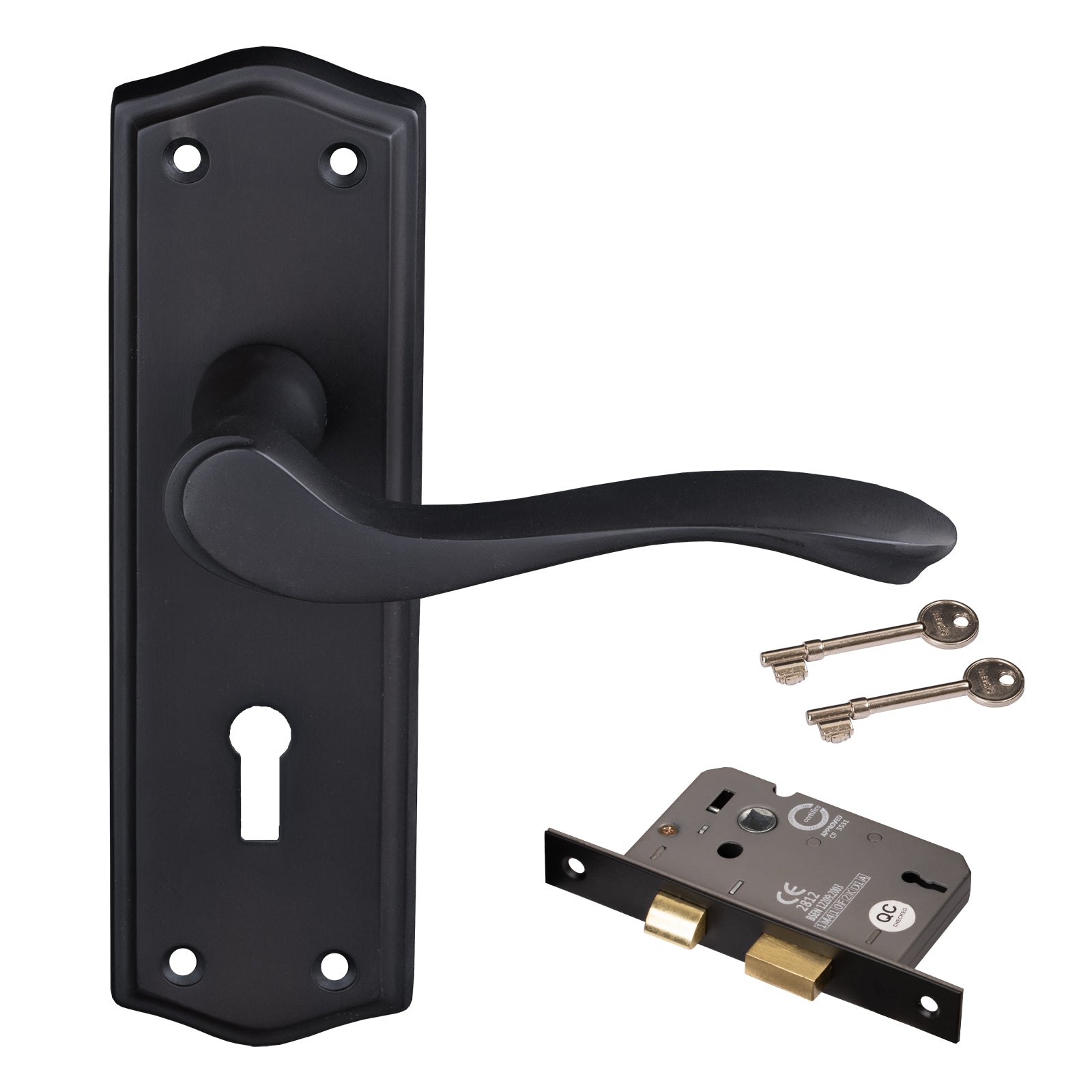 black handles on backplate with 3 lever lock set
