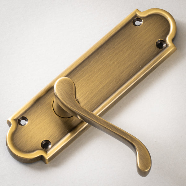 Meridian Door Handles On Plate Latch Handle in Aged Brass 