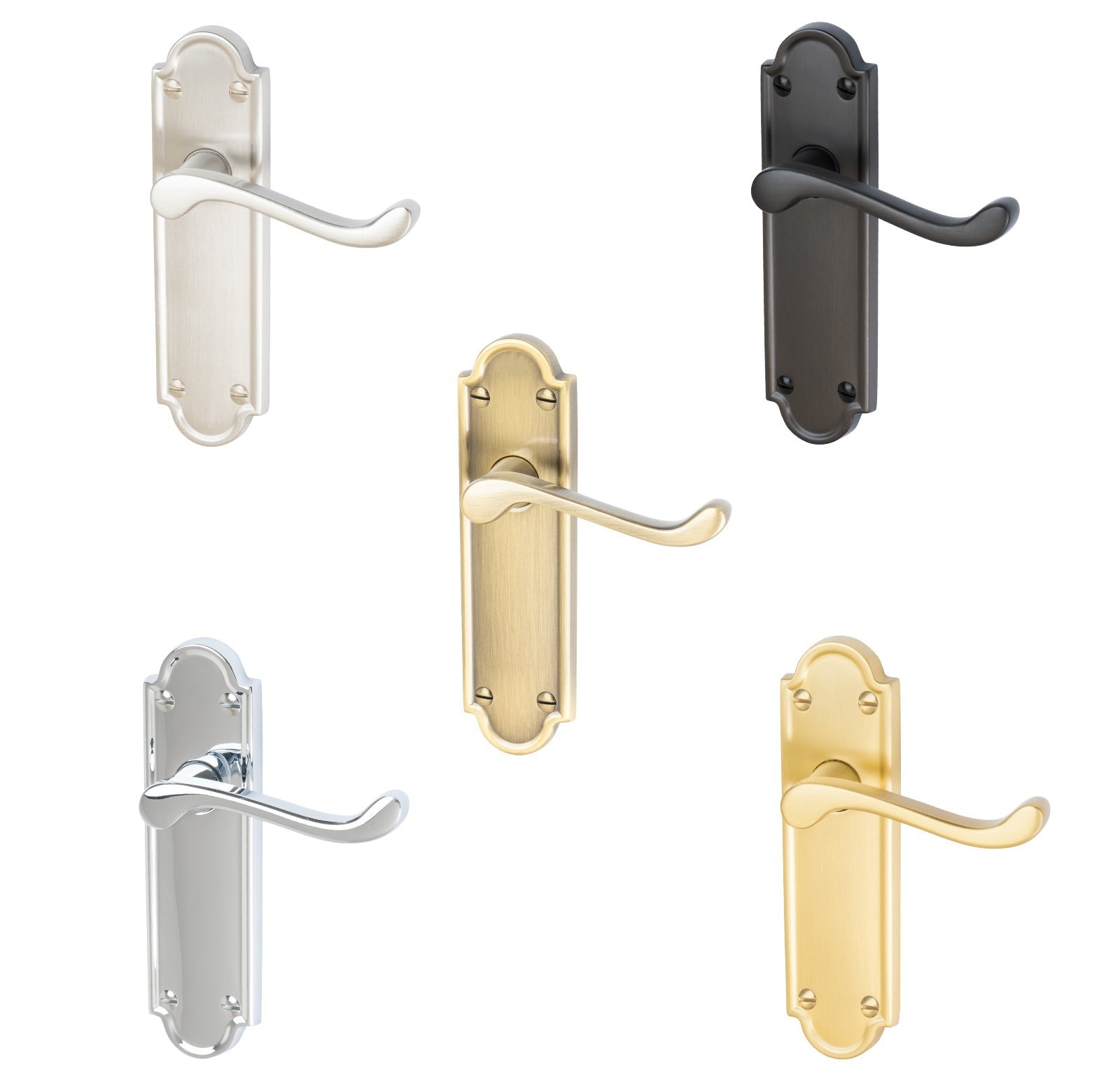 Meridian Door Handles On Plate Latch Handle in Matt Bronze, Satin Nickel, Polished Chrome, Satin Brass and Aged Brass.