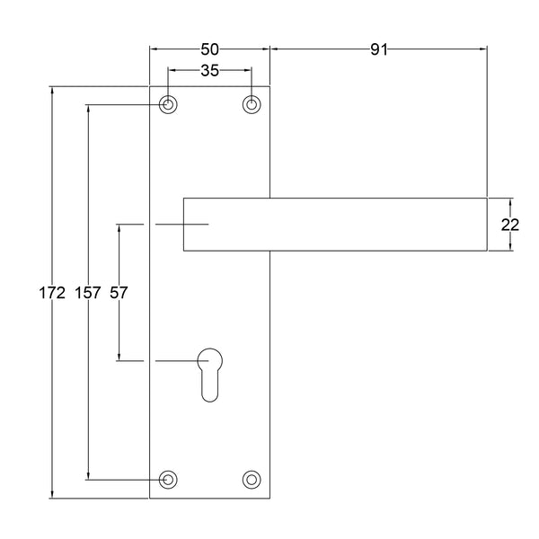 Metro Low Profile Door Handles on Backplate Dimension Drawing 