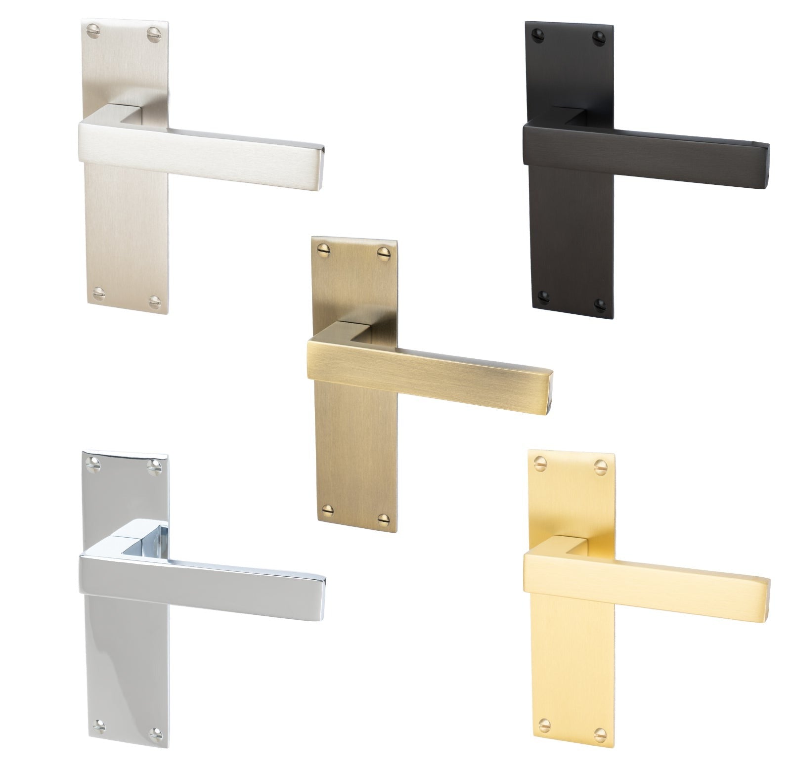 Metro Door Handles On Plate Latch Handle in Matt Bronze, Satin Nickel, Polished Chrome, Satin Brass and Aged Brass.