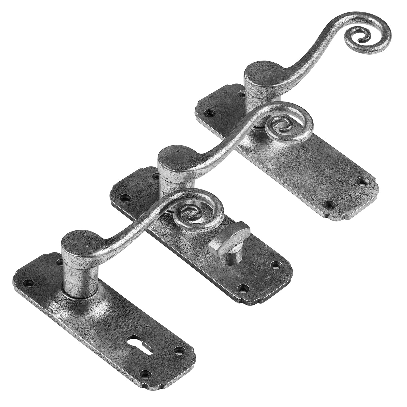 Monkey Tail Lever Handles in a pewter finish, pewter door knobs