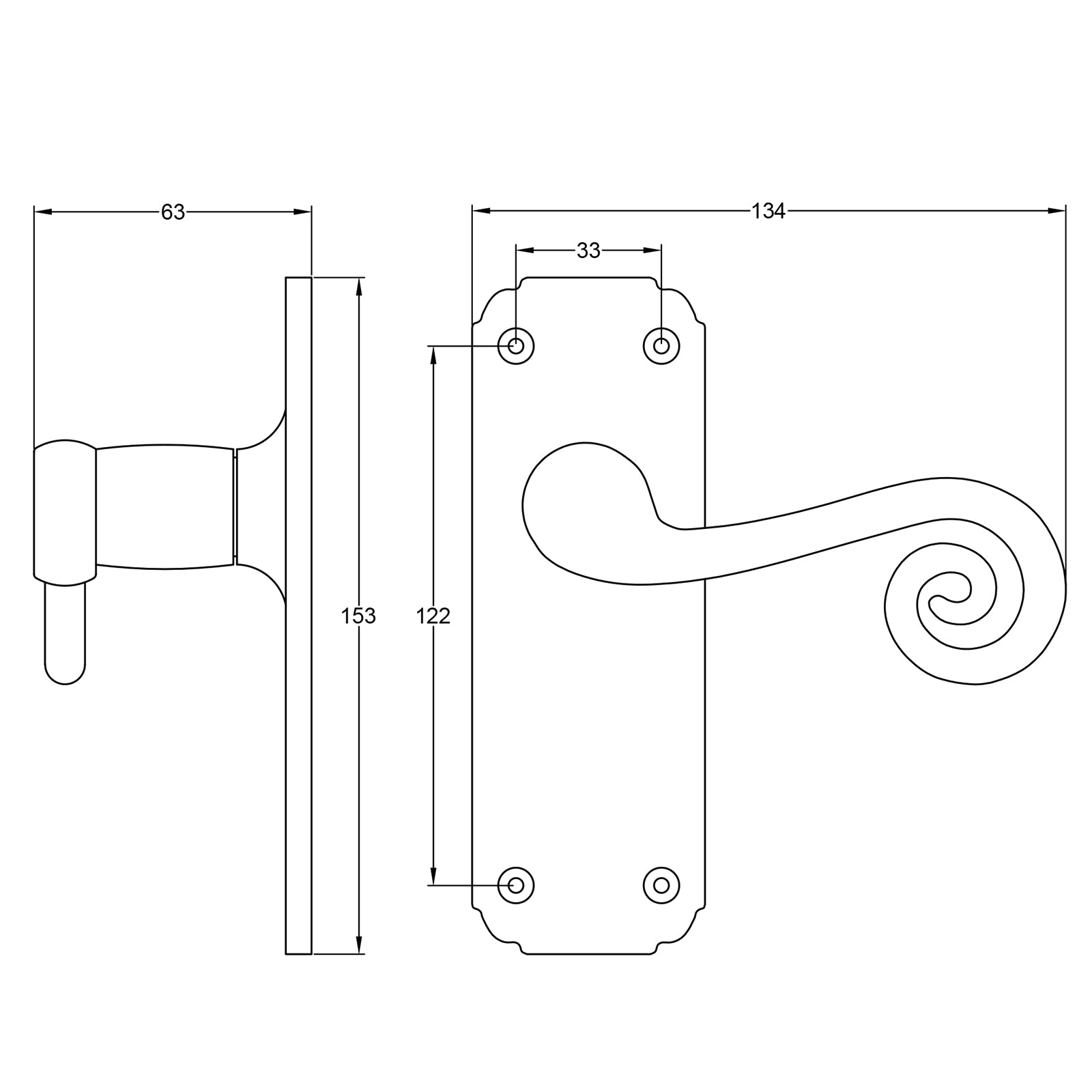 Dimension drawing for Monkey Tail Lever Handles SHOW