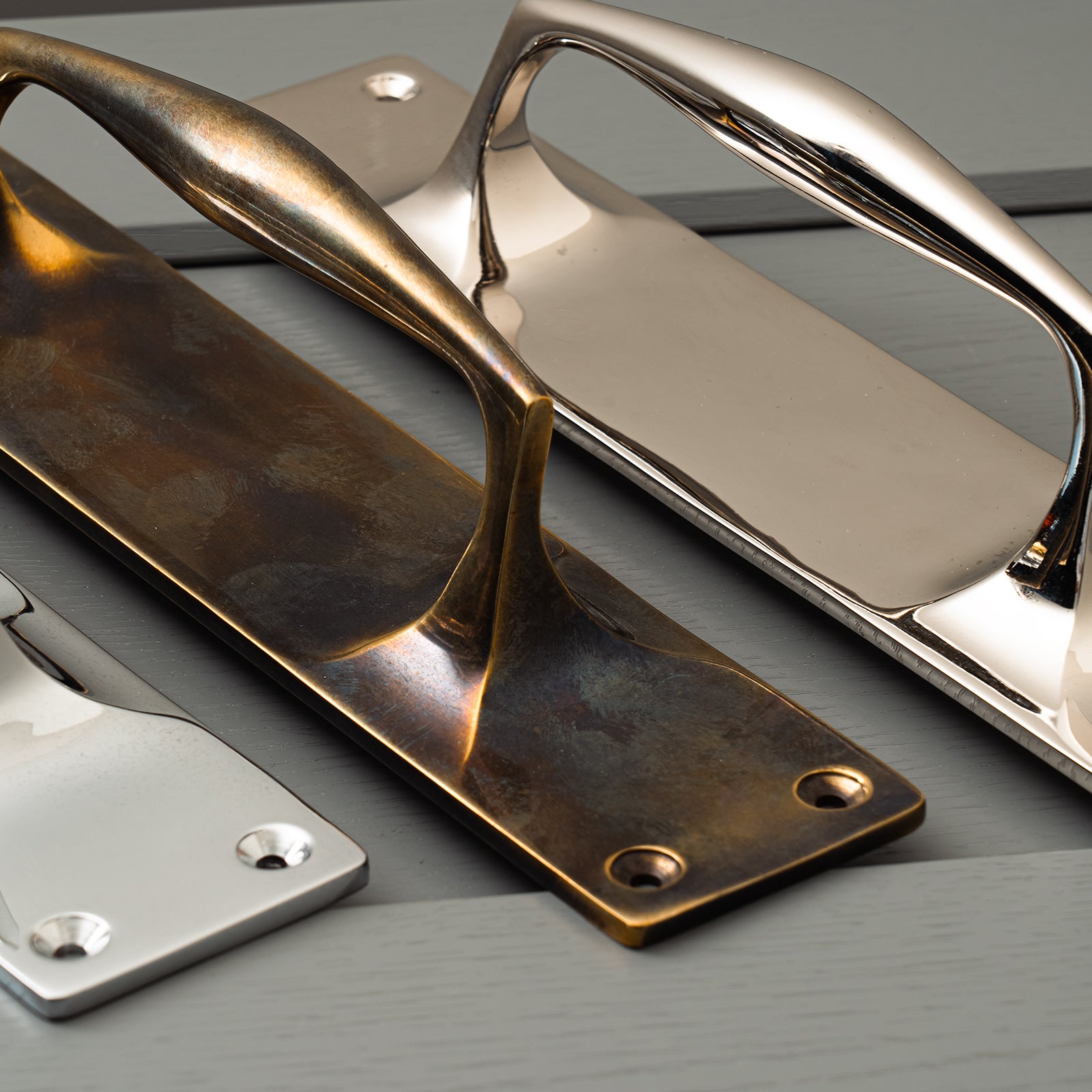 Solid brass pull handles in antique brass, chrome and nickel SHOW